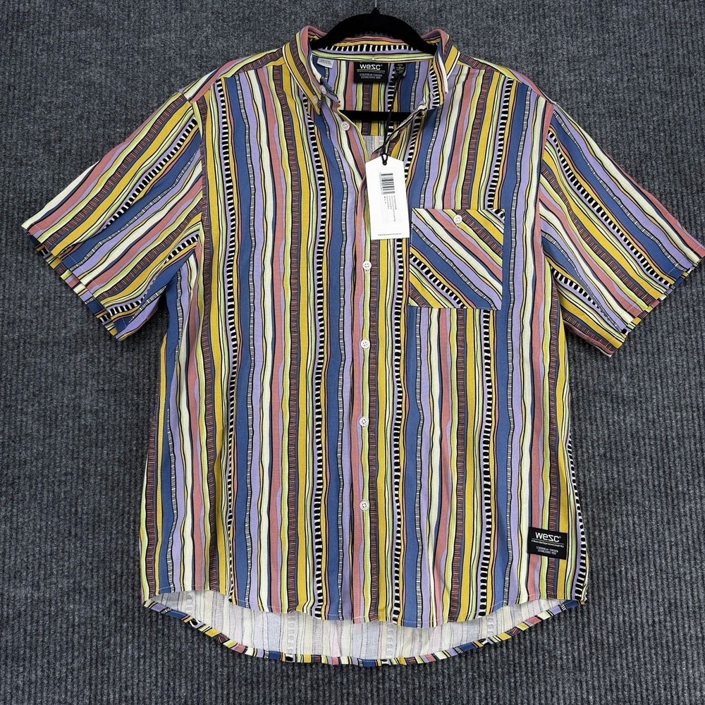 WESC Striped Button Up Shirt Mens M Colorful Coogi Style‎ NWT Streetwear